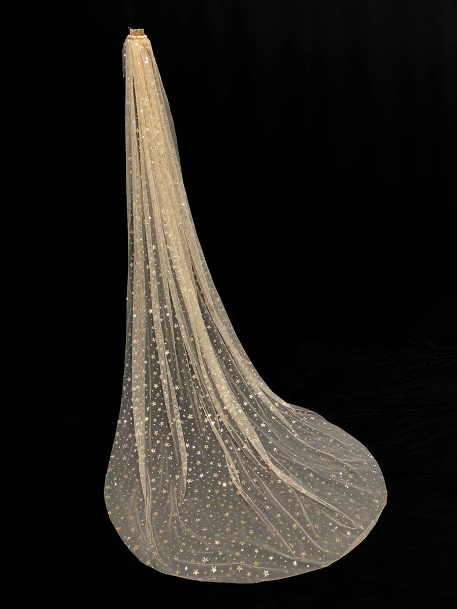 Champange Wedding Veil One-Tier Sequins Stars Tulle Finished Edge Waterfall Bridal Veils - Image 6