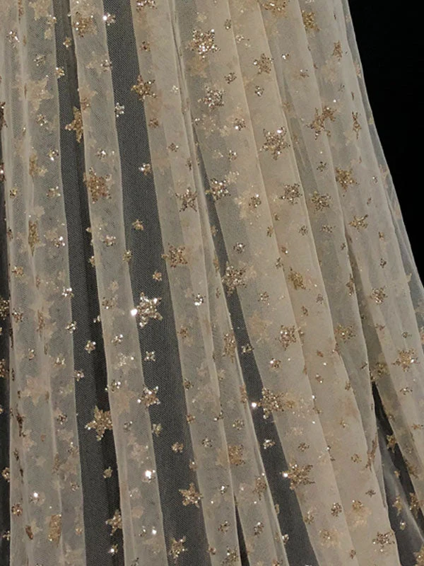 Champange Wedding Veil One-Tier Sequins Stars Tulle Finished Edge Waterfall Bridal Veils - Image 7