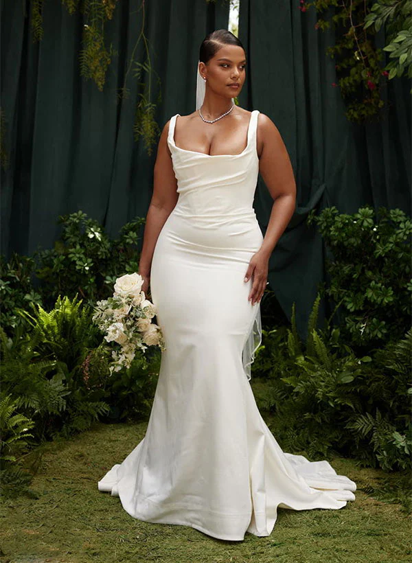 Charmeuse Mermaid Fitted Wedding Dress Cowl Neck Sleeveless Design Sweep Train - Image 2