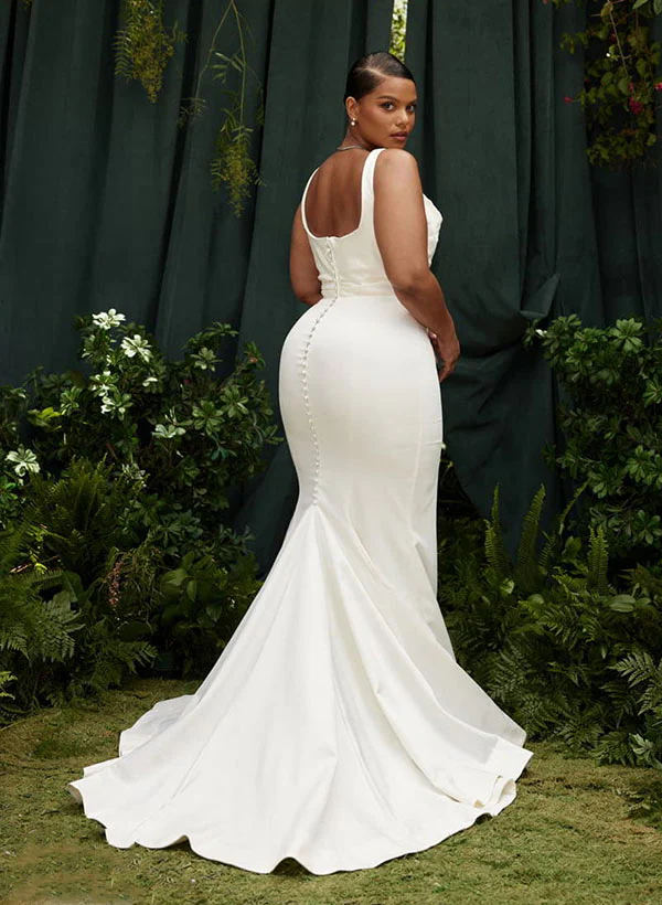Charmeuse Mermaid Fitted Wedding Dress Cowl Neck Sleeveless Design Sweep Train - Image 3