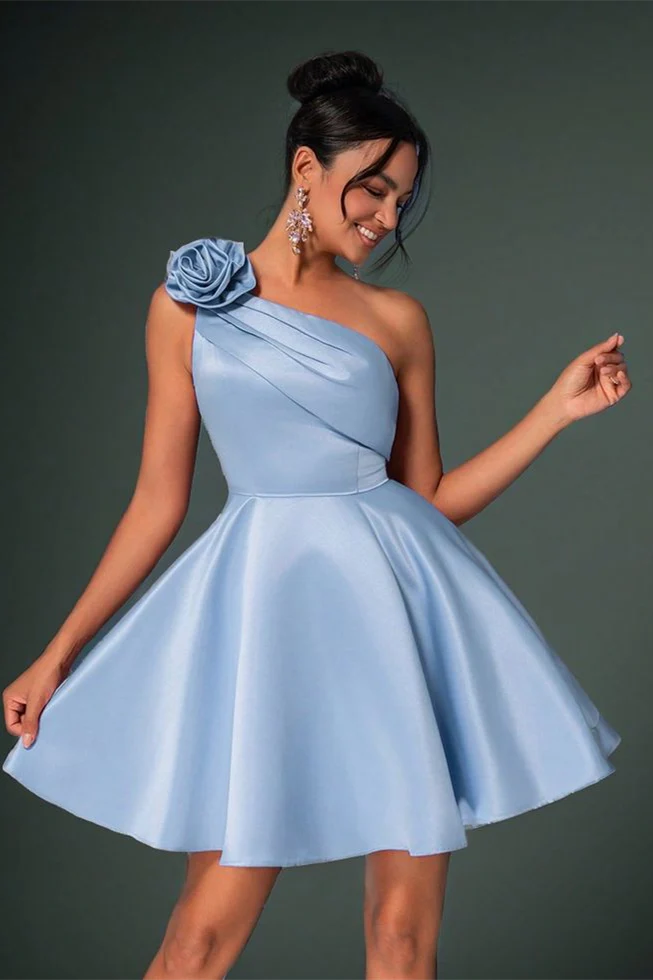 Charming A-Line Asymmetrical One Shoulder Homecoming Dress Satin Sleeveless Mini On Sale - Image 2