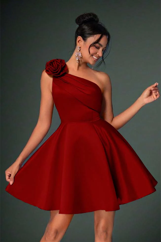 Charming A-Line Asymmetrical One Shoulder Homecoming Dress Satin Sleeveless Mini On Sale - Image 4