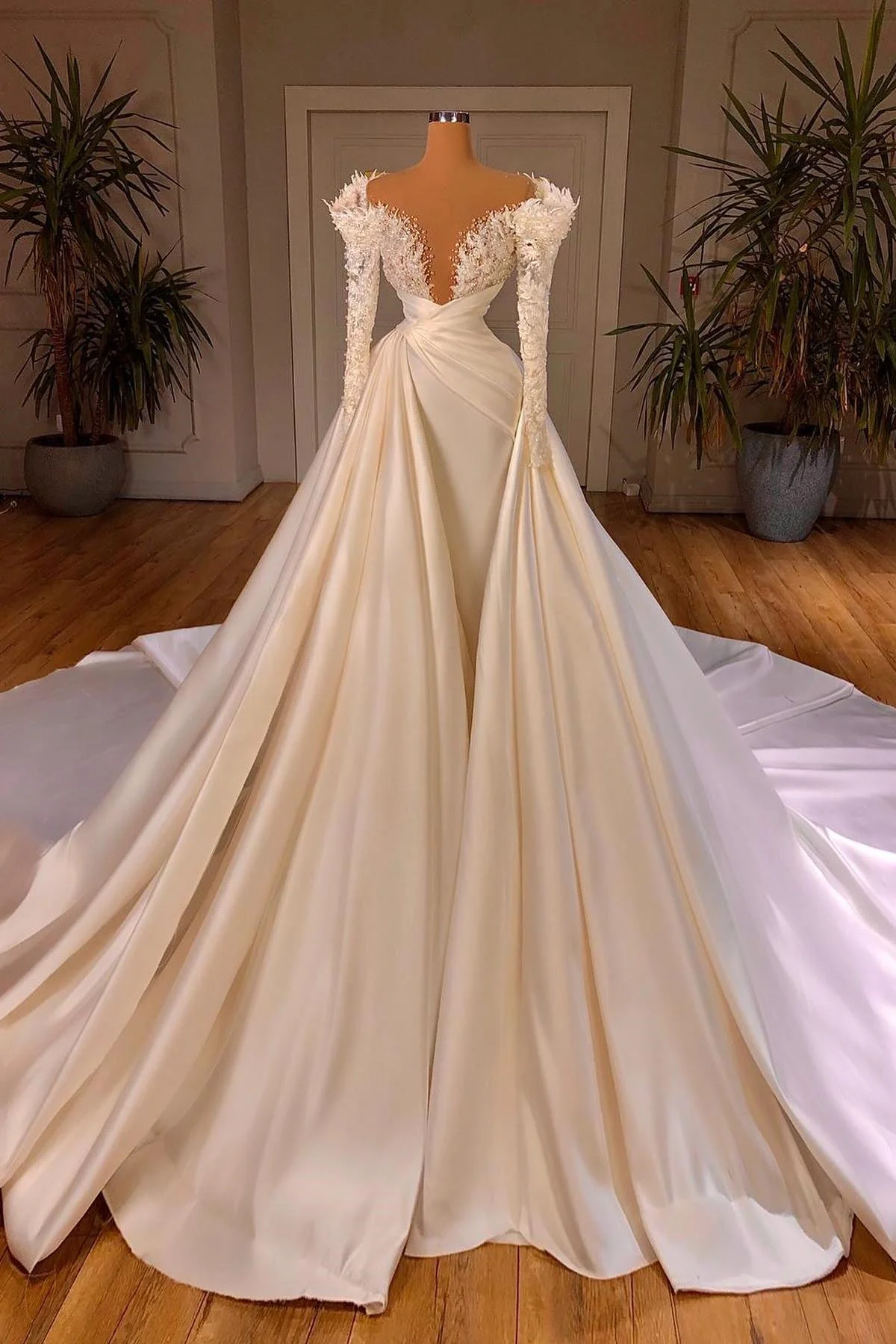 Charming A-Line Cathedral V-Neck Long Wedding Dress With Long Sleeves - Image 2