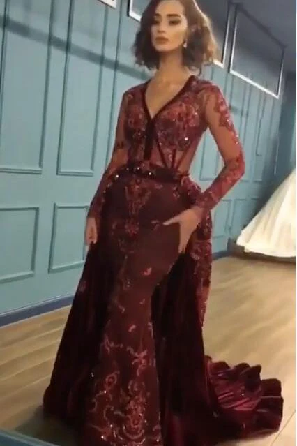 Charming Beading Burgundy Long Sleevess Prom Dresses with Appliques - Image 2