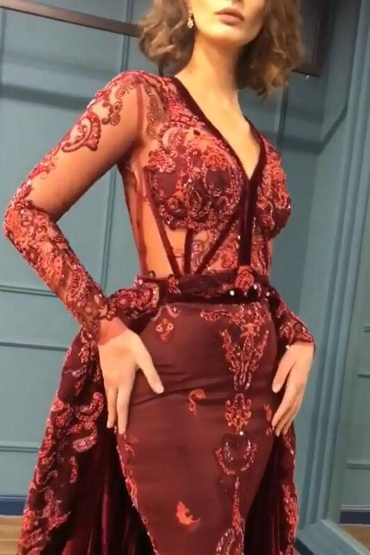 Charming Beading Burgundy Long Sleevess Prom Dresses with Appliques - Image 3