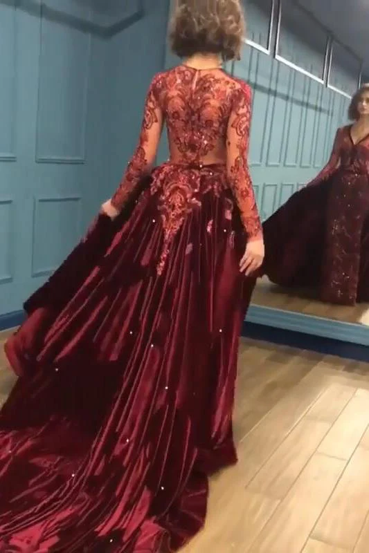 Charming Beading Burgundy Long Sleevess Prom Dresses with Appliques - Image 4