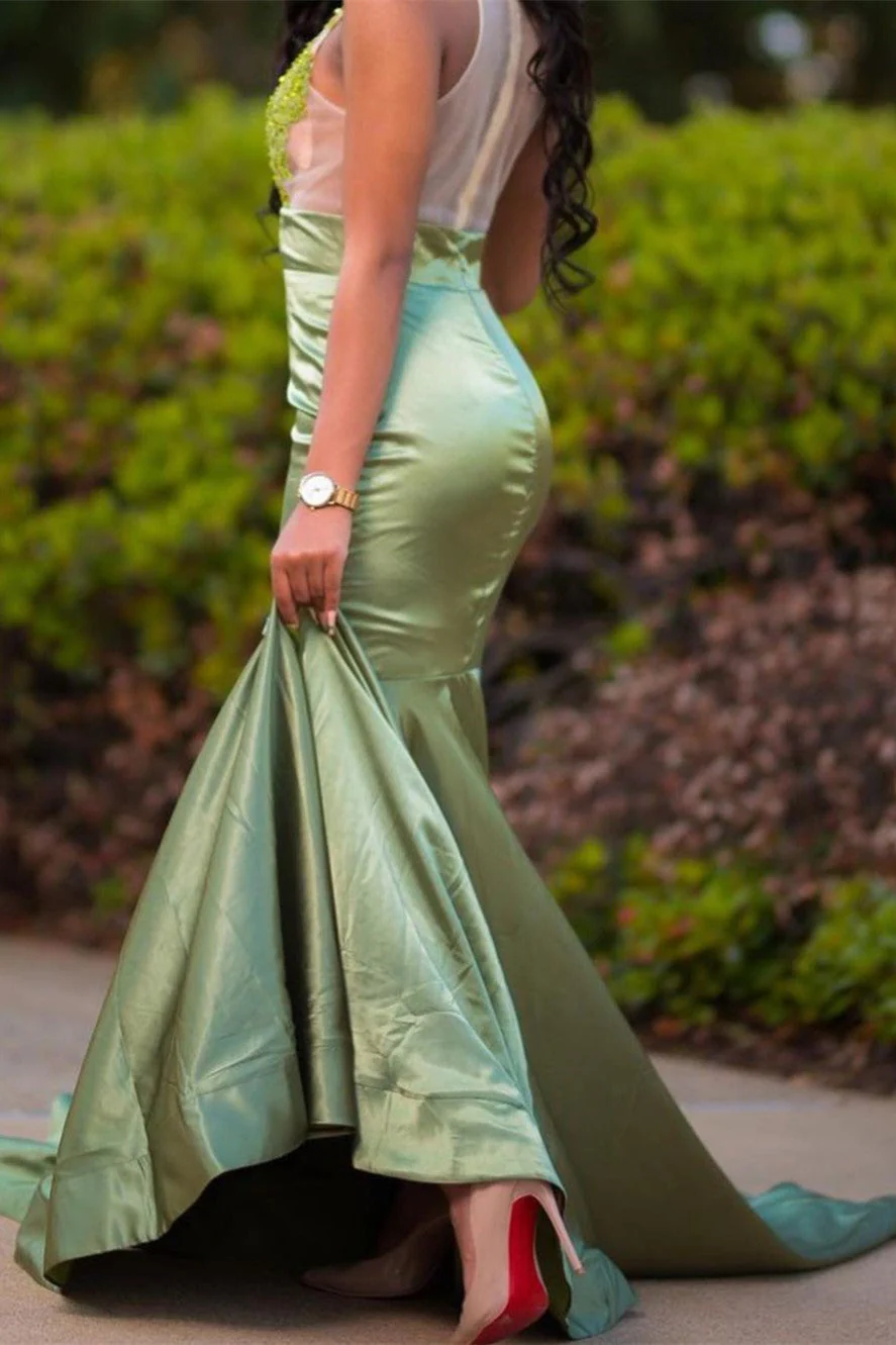 Charming Green Appliques Mermaid Prom Evening Maxi Dress Floor-Length Sweep Train Dress - Image 2