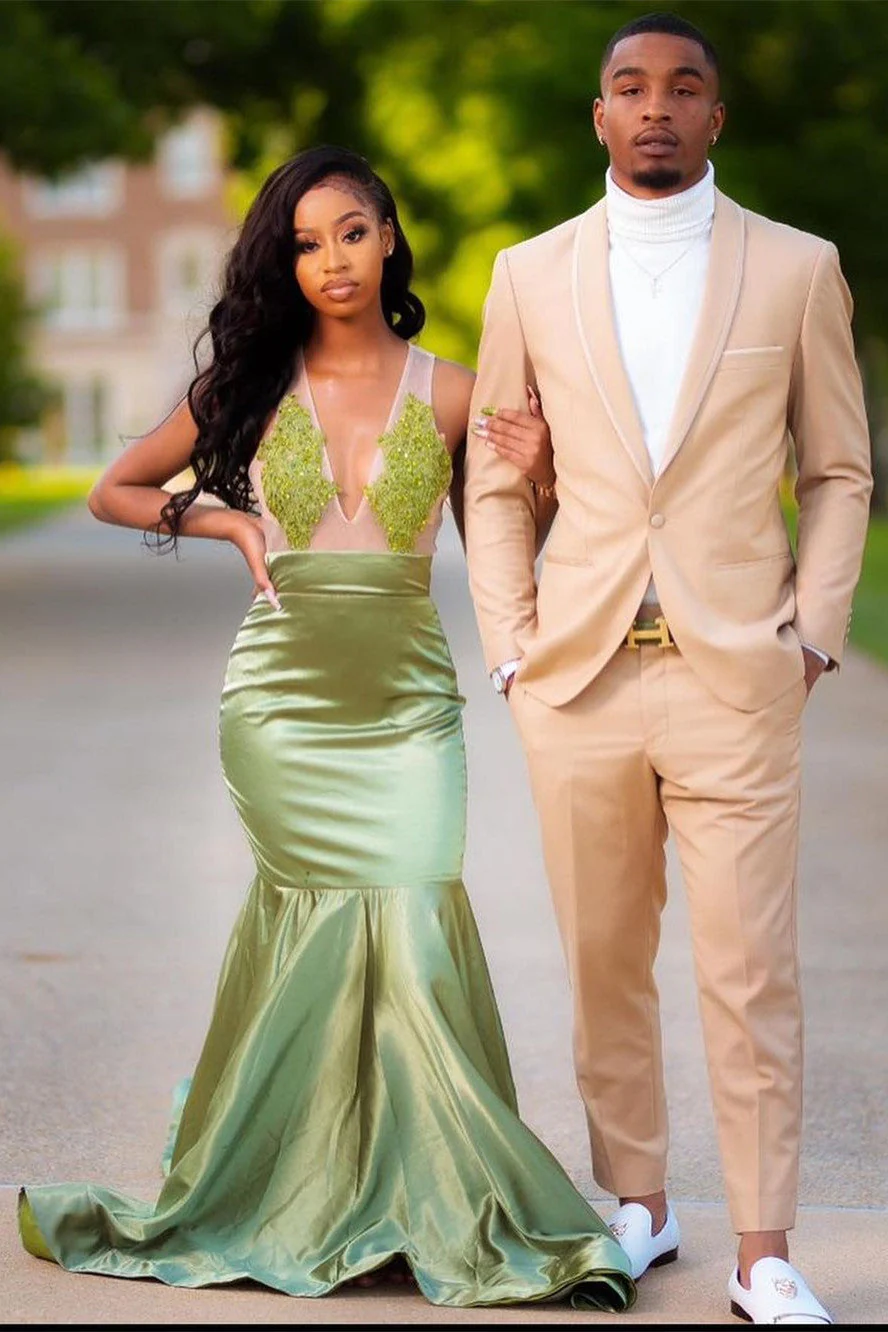 Charming Green Appliques Mermaid Prom Evening Maxi Dress Floor-Length Sweep Train Dress - Image 3