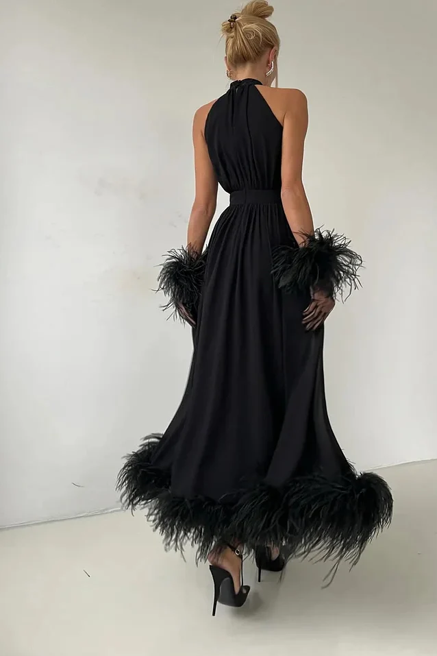 Charming Black Halter Chiffon Prom Dress A-Line Feather With Gloves Zipper - Image 2