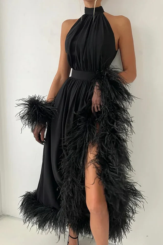 Charming Black Halter Chiffon Prom Dress A-Line Feather With Gloves Zipper - Image 3