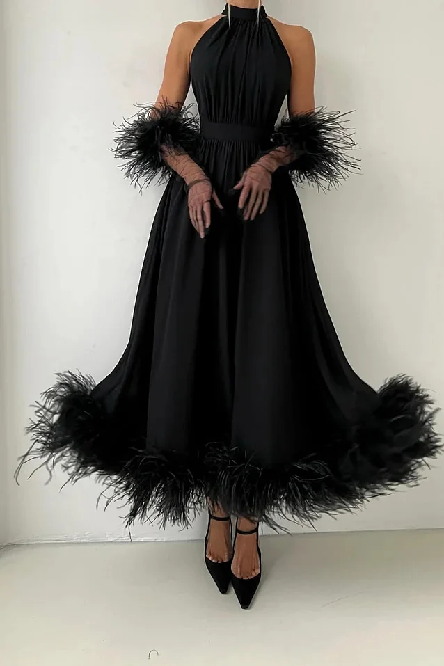 Charming Black Halter Chiffon Prom Dress A-Line Feather With Gloves Zipper - Image 4