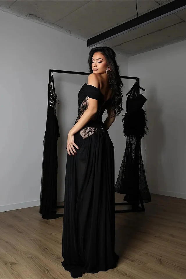 Charming Black Off-The-Shoulder Chiffon Lace Prom Dress A-Line High Split With Lace-Up Back - Image 3