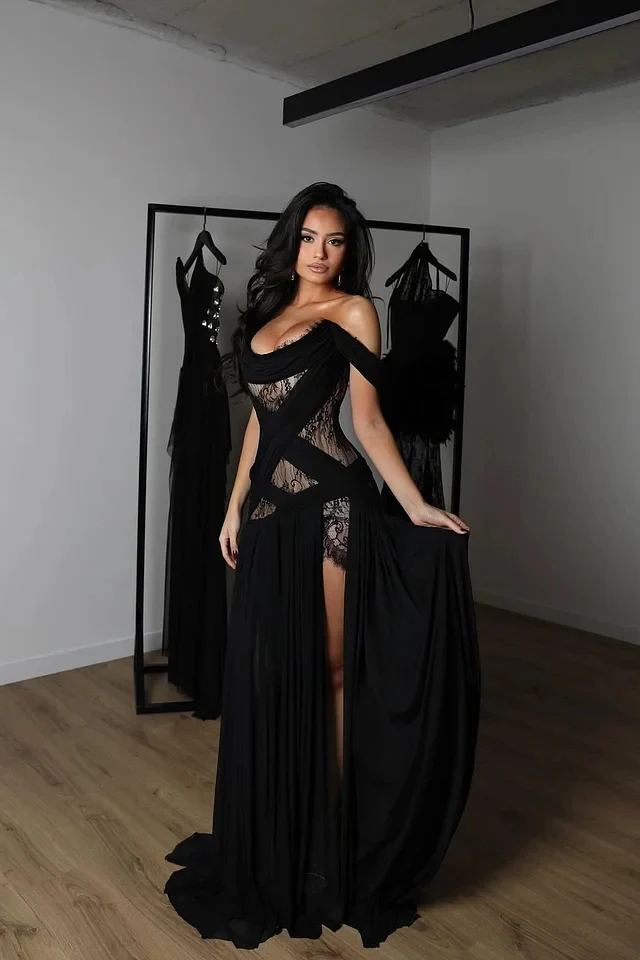 Charming Black Off-The-Shoulder Chiffon Lace Prom Dress A-Line High Split With Lace-Up Back - Image 4