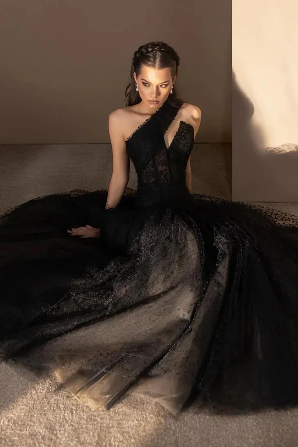 Charming Black One Shoulder Sleeveless Tulle Prom Dresses A-Line Long With Pleats - Image 2