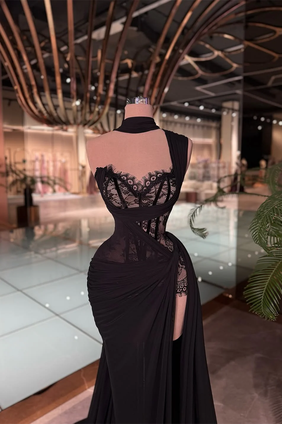 Charming Black One Shoulder Sweetheart Sleeveless Prom Dresses Mermaid Side Split Lace With Pleats - Image 2