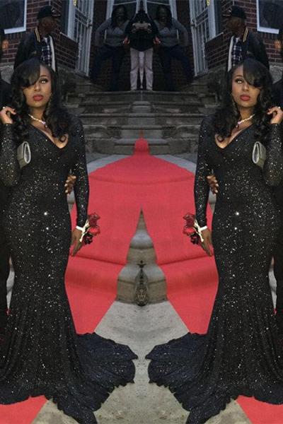 Charming Black Sequins Long-Sleeves Deep-V-Neck Alluring Prom Dresses - Image 3