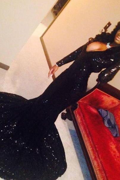 Charming Black Sequins Long-Sleeves Deep-V-Neck Alluring Prom Dresses - Image 4