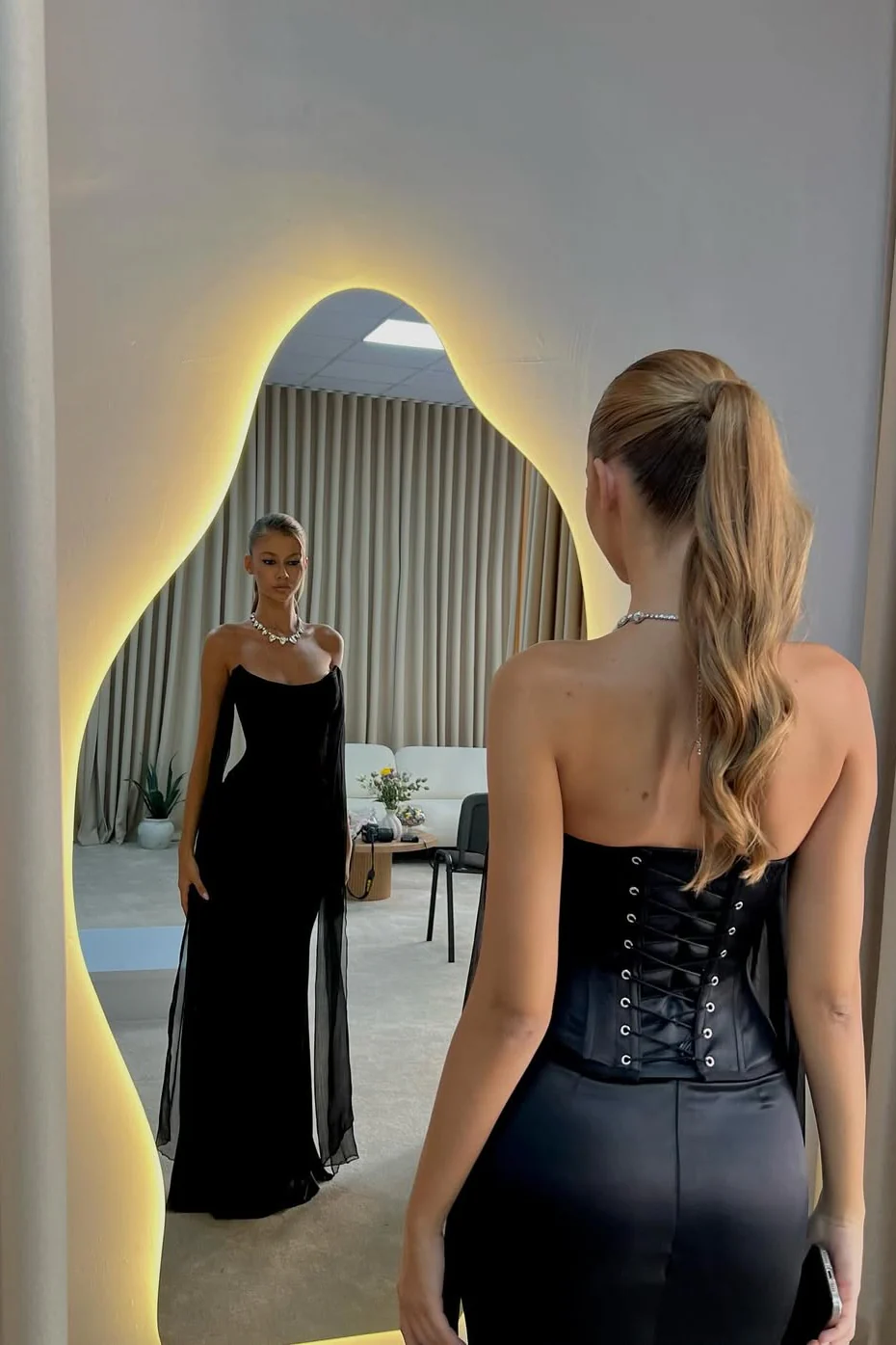 Charming Black Strapless Satin Prom Dresses Sleeveless Mermaid With Lace-Up Back Ruffle - Image 2