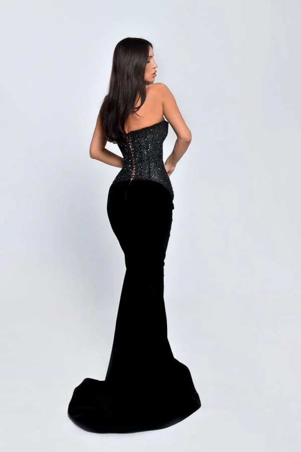 Charming Black Strapless Sleeveless Mermaid Prom Dresses Sheath Beads With Lace-Up Back - Image 2