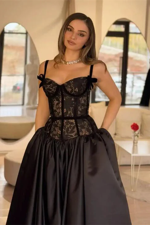 Charming Black Straps Sweetheart Sleeveless Prom Dresses A-Line Long With Pocket - Image 2