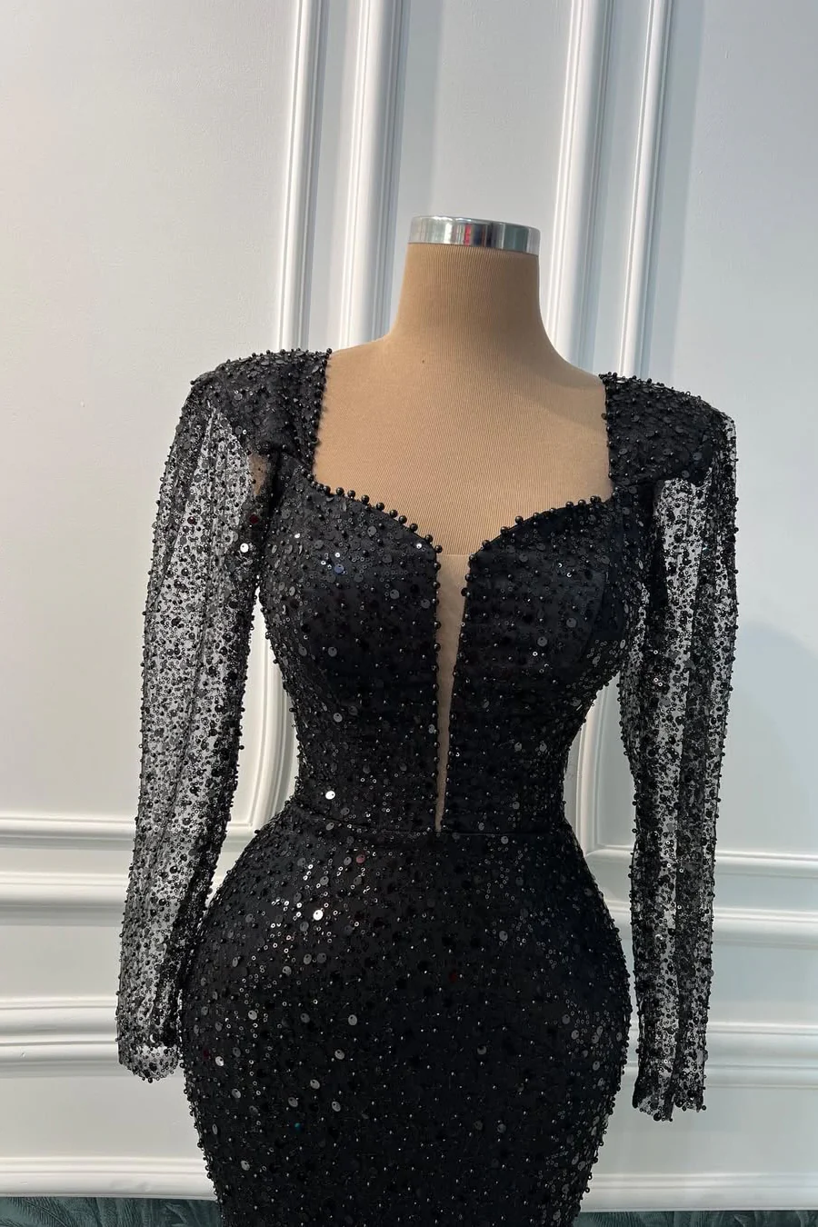 Charming Black Sweetheart Long Sleeves Sequins Prom Dresses Mermaid Online - Image 2