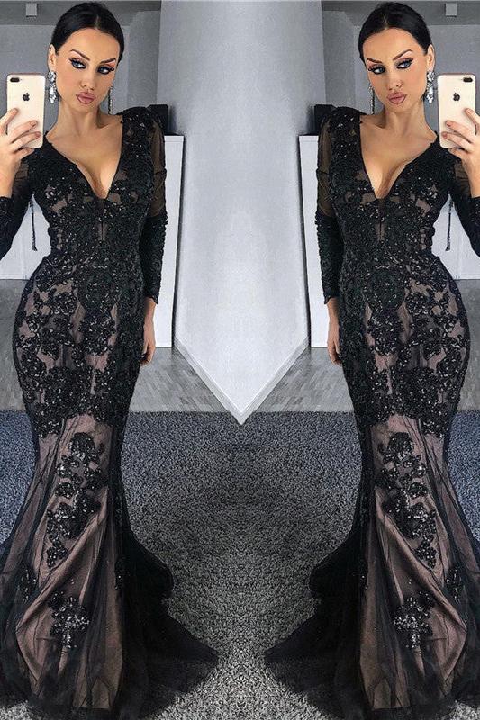 Charming Black Tulle Nude Lining Evening Dresses with Sleeves Elegant Long Sleeves Beads Appliques Prom Dresses - Image 2