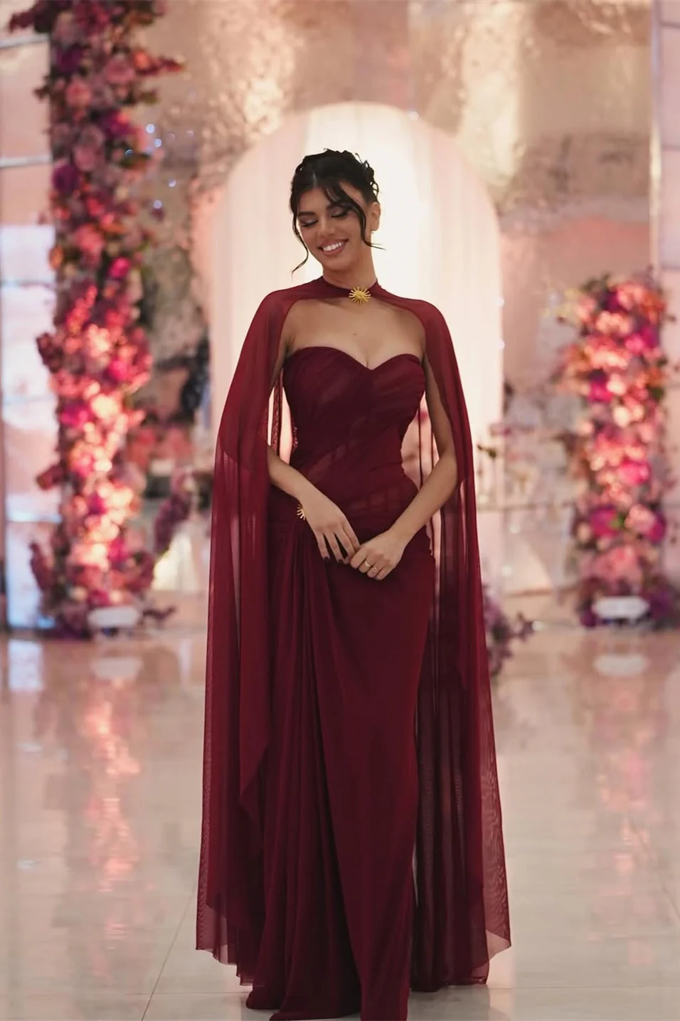 Charming Burgundy Sweetheart Sleeveless Chiffon Prom Dress Mermaid High Split On Sale - Image 2