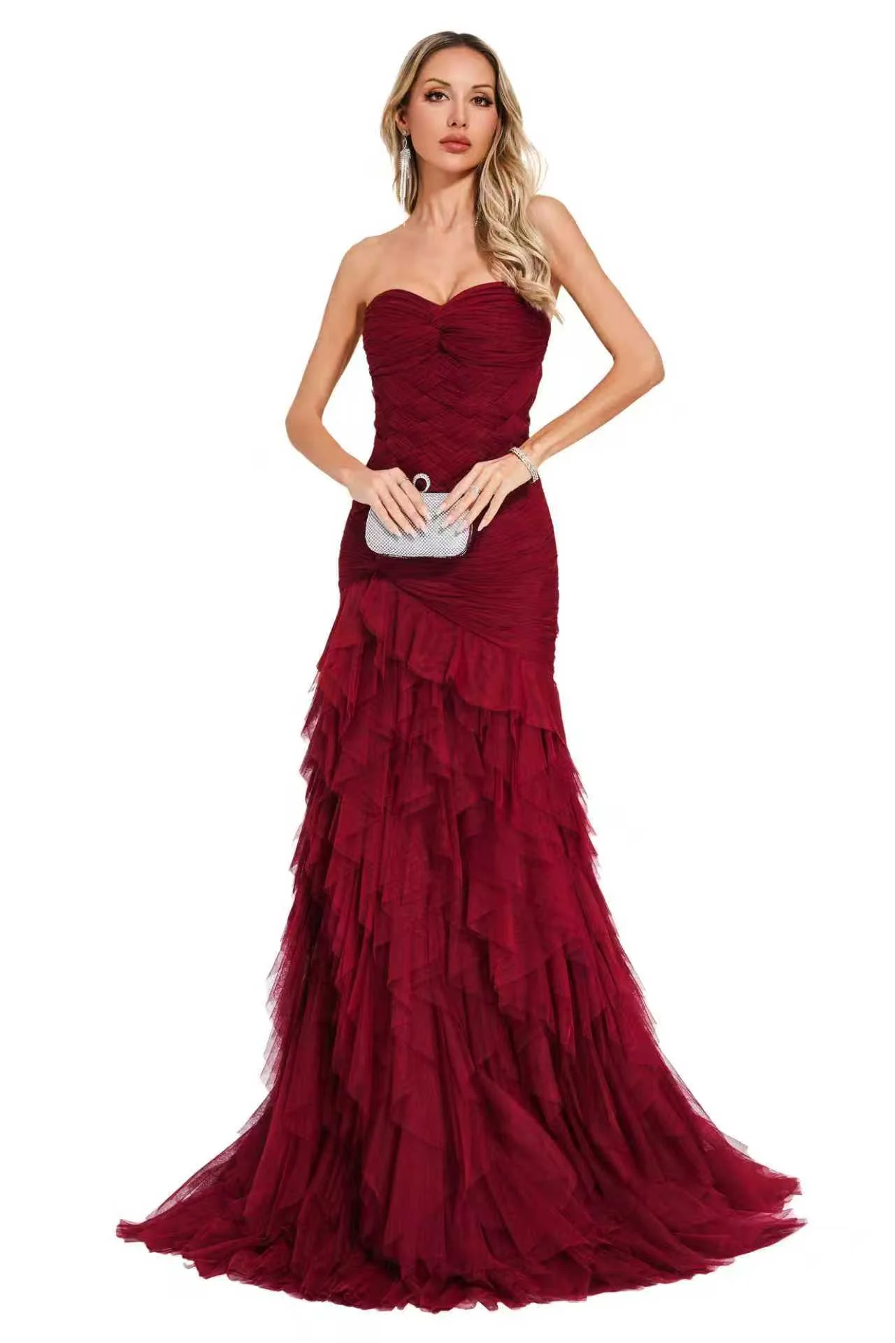 Charming Burgundy Sweetheart Strapless Sleeveless Tulle Prom Dresses Sheath With Pleats - Image 3