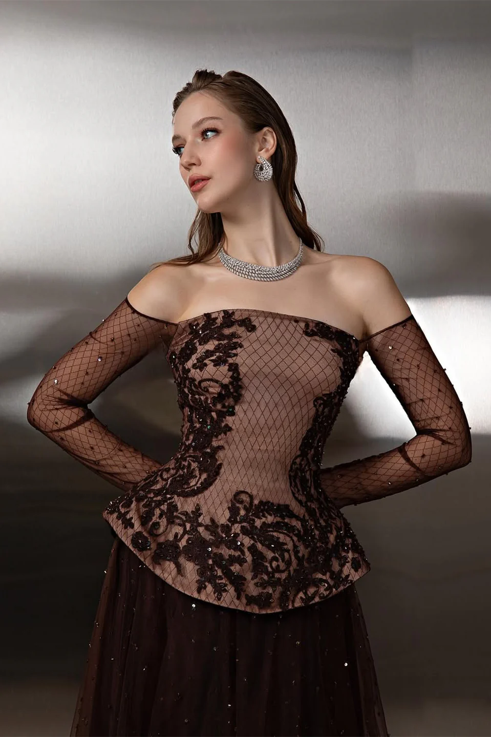 Charming Chocolate Off-The-Shoulder Tulle A-Line Prom Dress Long Sleeves With Applique Lace - Image 2