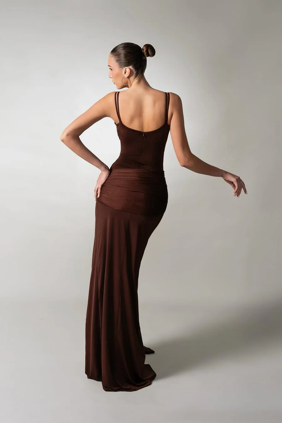 Charming Chocolate Spaghetti-Strap Sleeveless Satin Prom Dress Side Split With Pleats Zipper - Image 2