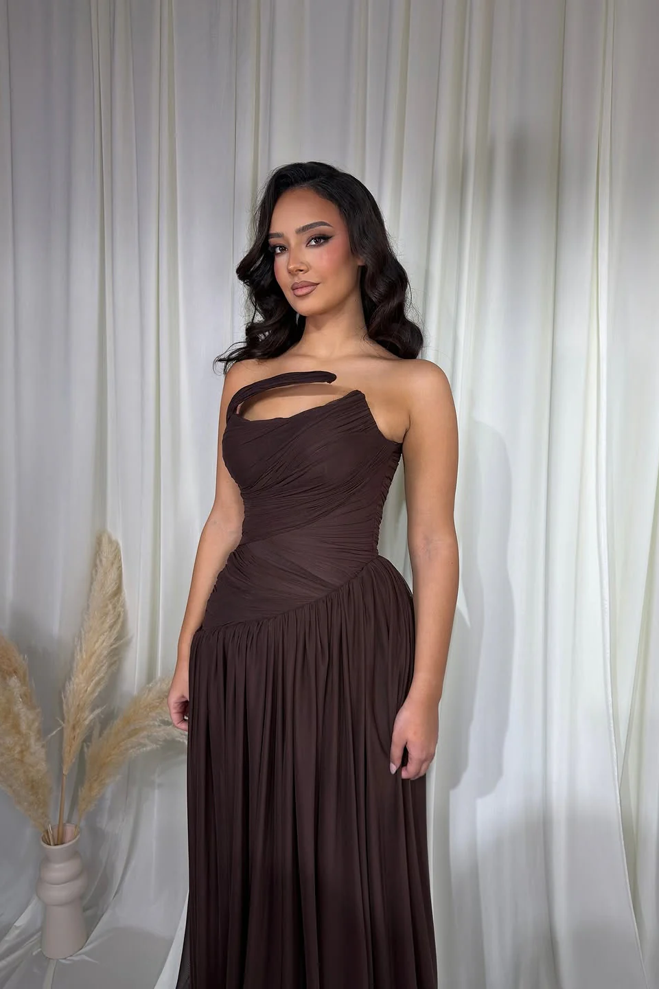 Charming Chocolate Strapless Sleeveless Chiffon Prom Dresses A-Line With Pleats - Image 3