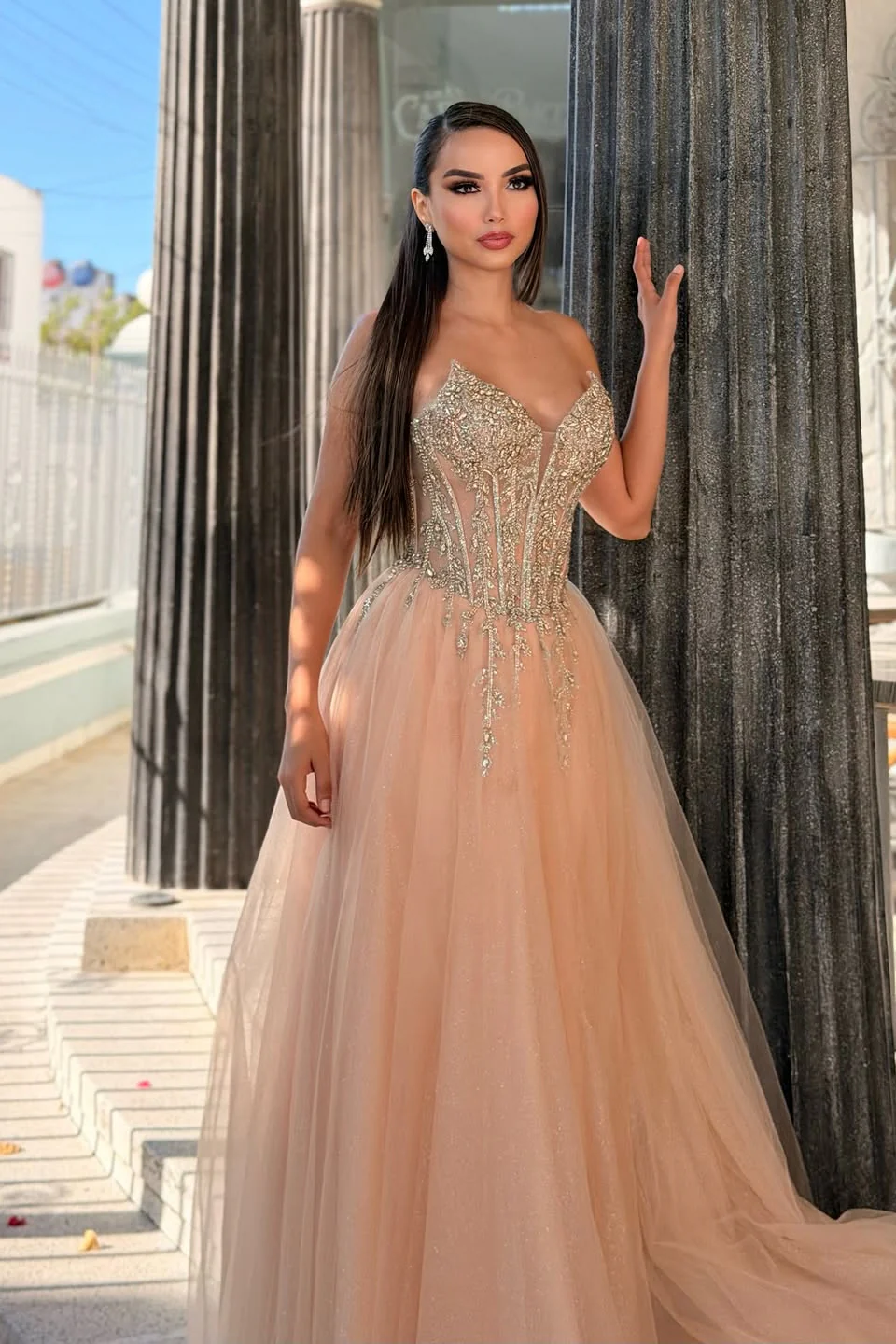 Charming Coral V-Neck Strapless Sleeveless Tulle Prom Dresses A-Line Long With Gem - Image 2