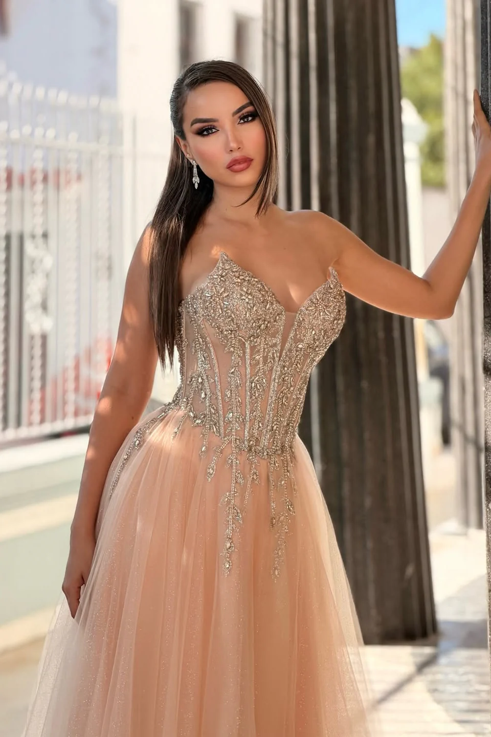 Charming Coral V-Neck Strapless Sleeveless Tulle Prom Dresses A-Line Long With Gem - Image 3