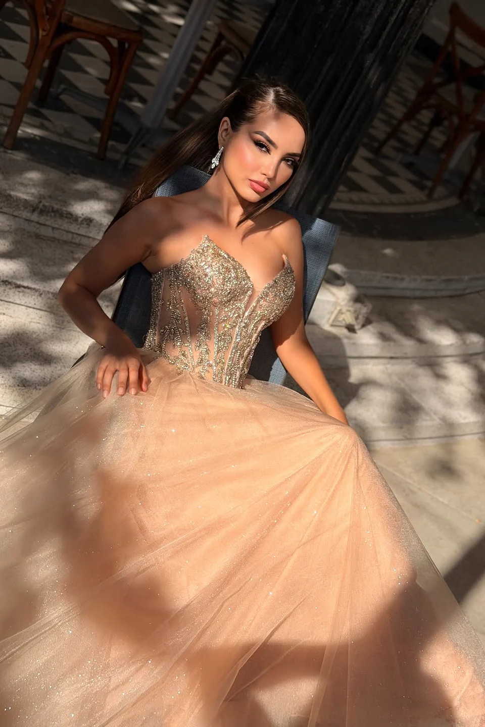 Charming Coral V-Neck Strapless Sleeveless Tulle Prom Dresses A-Line Long With Gem - Image 5