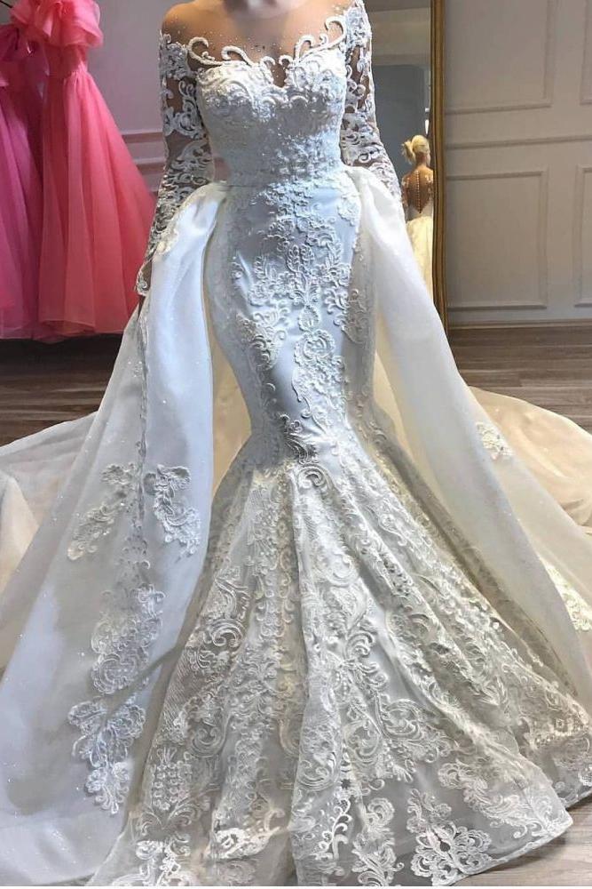 Charming Crew Neck Lace Appliques Mermaid Wedding Bridal Gowns with Detachable Train - Image 2
