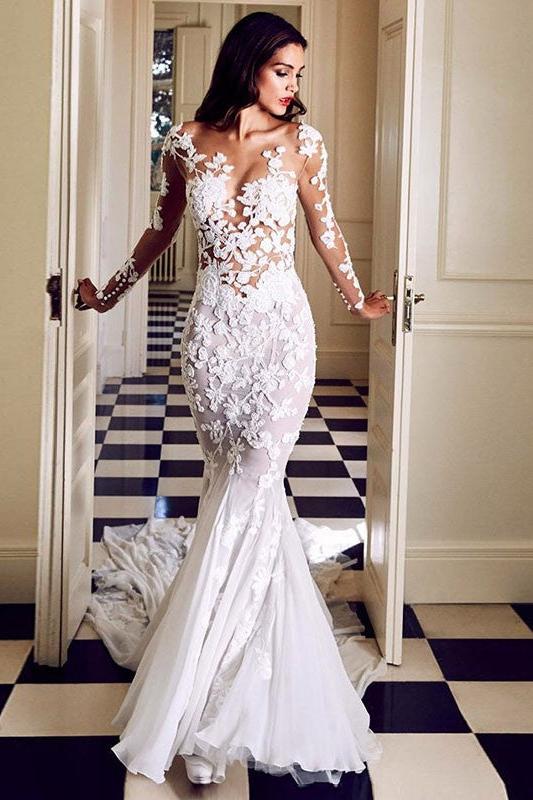 Charming Crew Neck Long Mermaid Lace Appliques Wedding DressesLong Sleeves Slim Bridal Gowns - Image 2