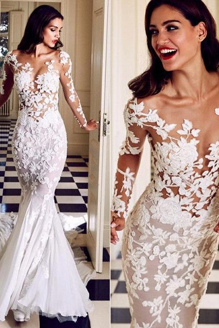 Charming Crew Neck Long Mermaid Lace Appliques Wedding DressesLong Sleeves Slim Bridal Gowns - Image 5