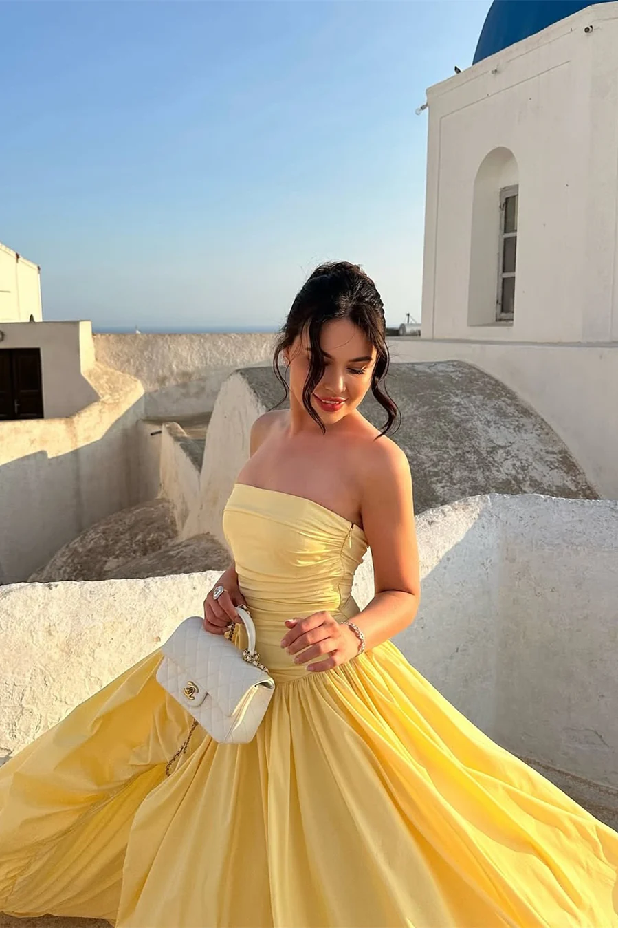 Charming Daffodil Strapless Prom Dress Sleeveless A-Line Side Slit With Pleats - Image 3