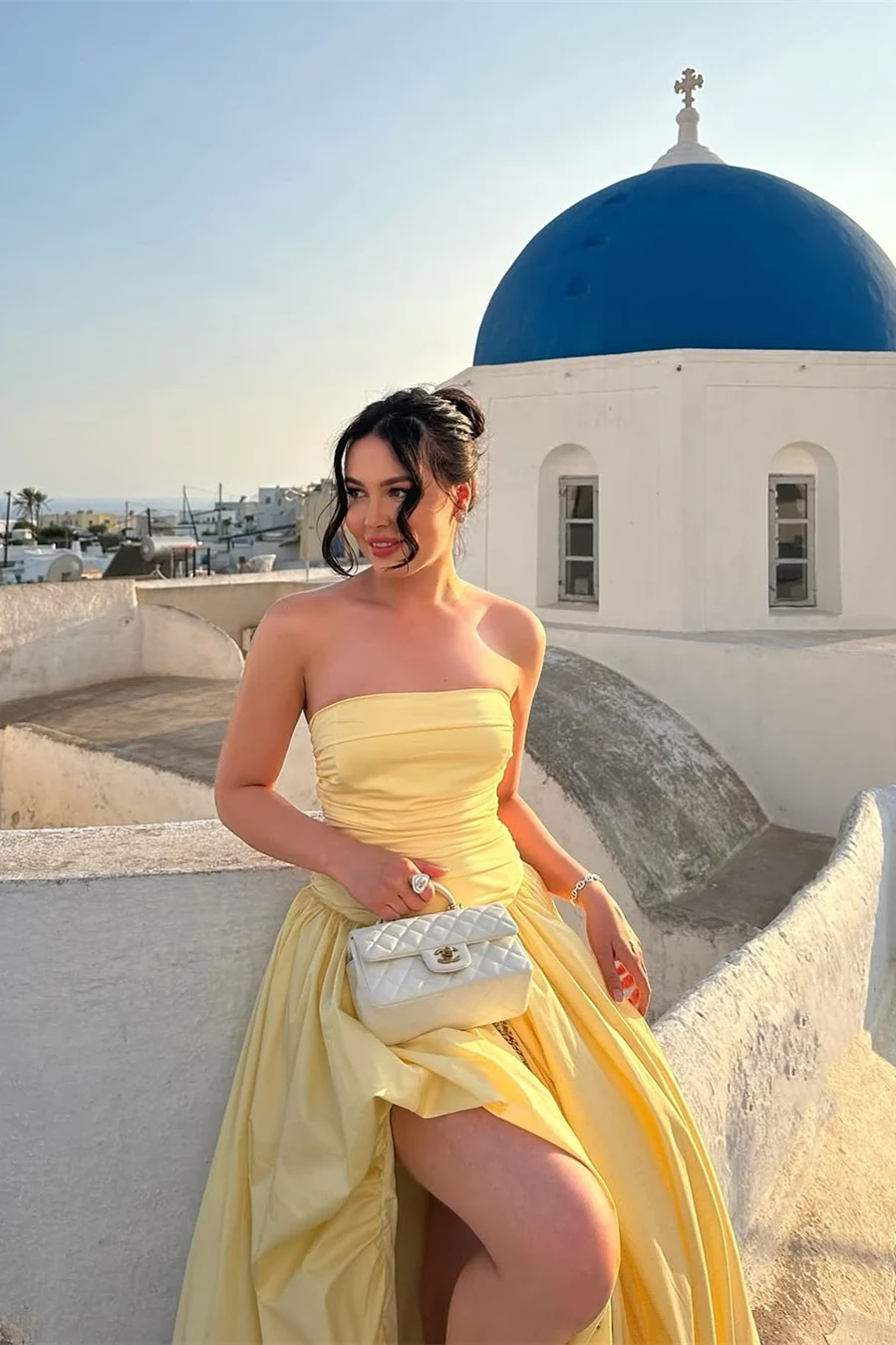 Charming Daffodil Strapless Prom Dress Sleeveless A-Line Side Slit With Pleats - Image 4