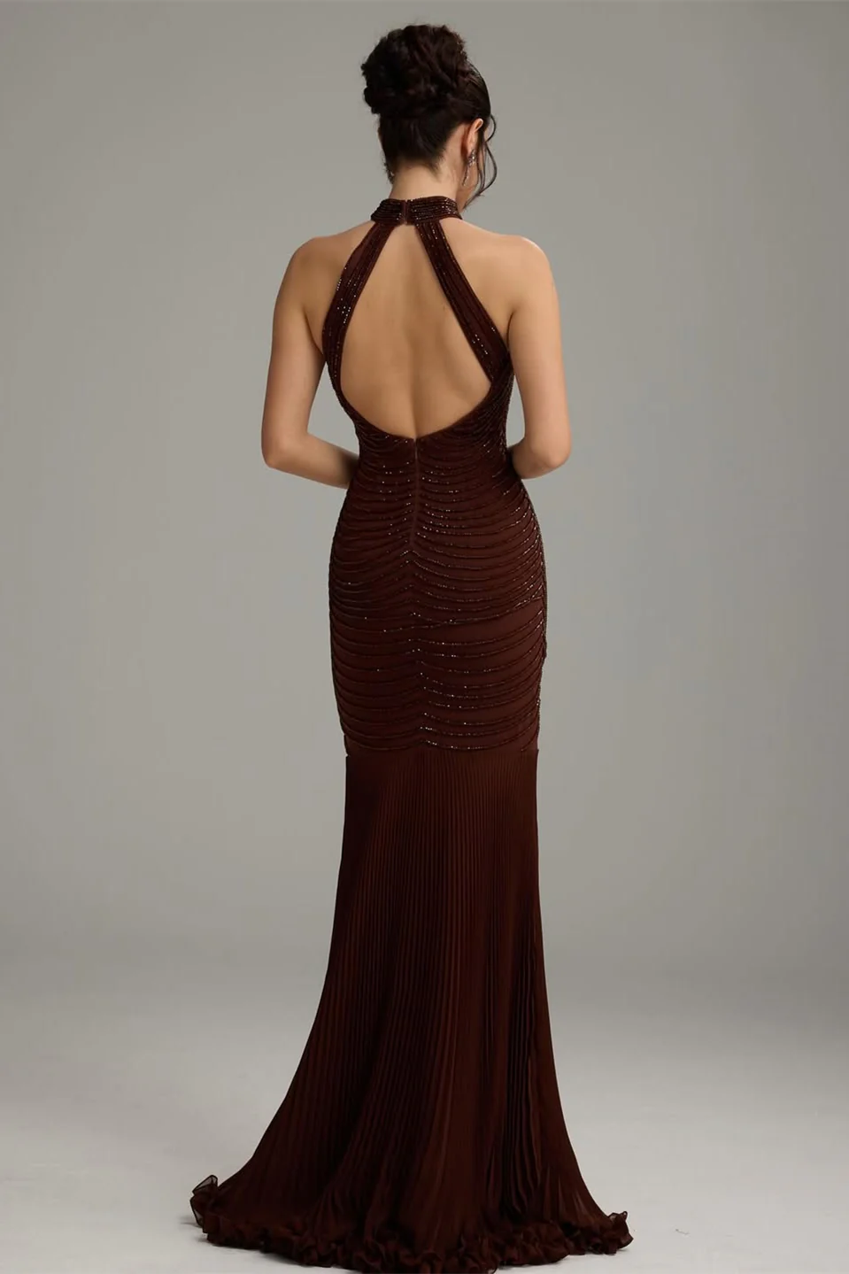 Charming Dark Brown Halter Sleeveless Mermaid Prom Dresses Sheath Backless With Beads - Image 2