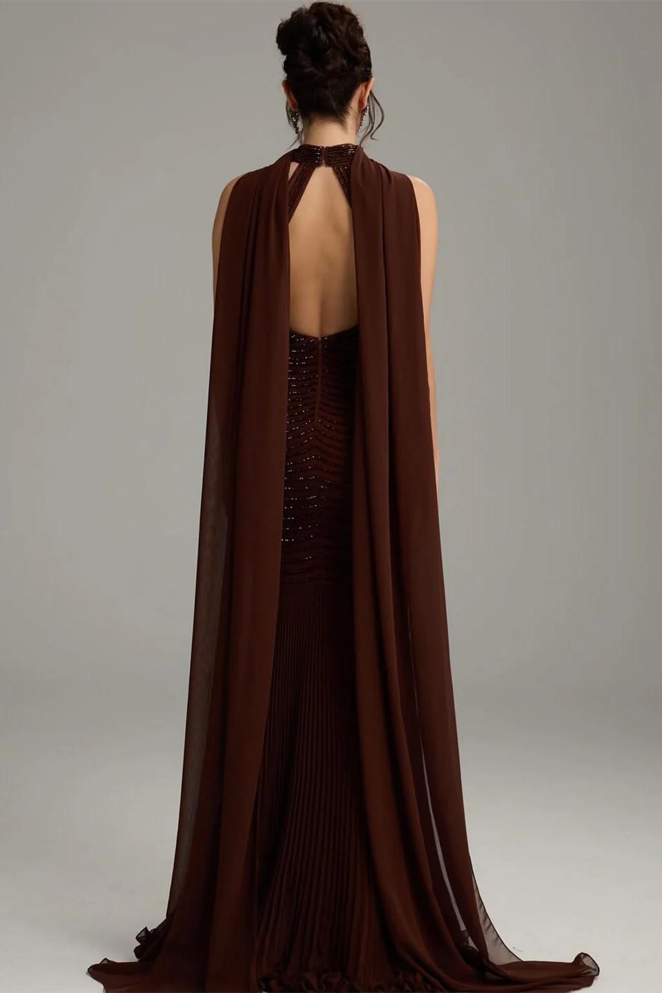 Charming Dark Brown Halter Sleeveless Mermaid Prom Dresses Sheath Backless With Beads - Image 3
