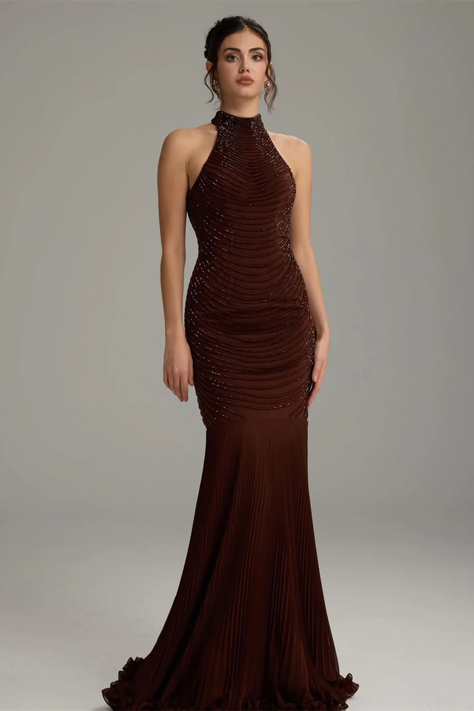 Charming Dark Brown Halter Sleeveless Mermaid Prom Dresses Sheath Backless With Beads - Image 4