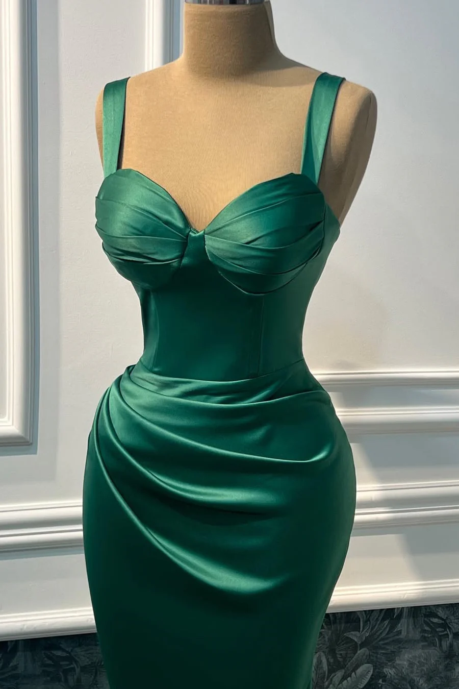 Charming Dark Green Sweetheart Straps Sleeveless Satin Prom Dresses Mermaid With Pleats - Image 2