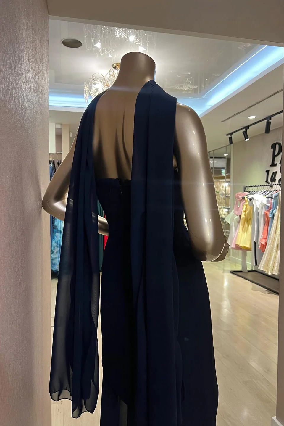 Charming Dark Navy Strapless Sleeveless Stain Prom Dresses Sheath Long On Sale - Image 2