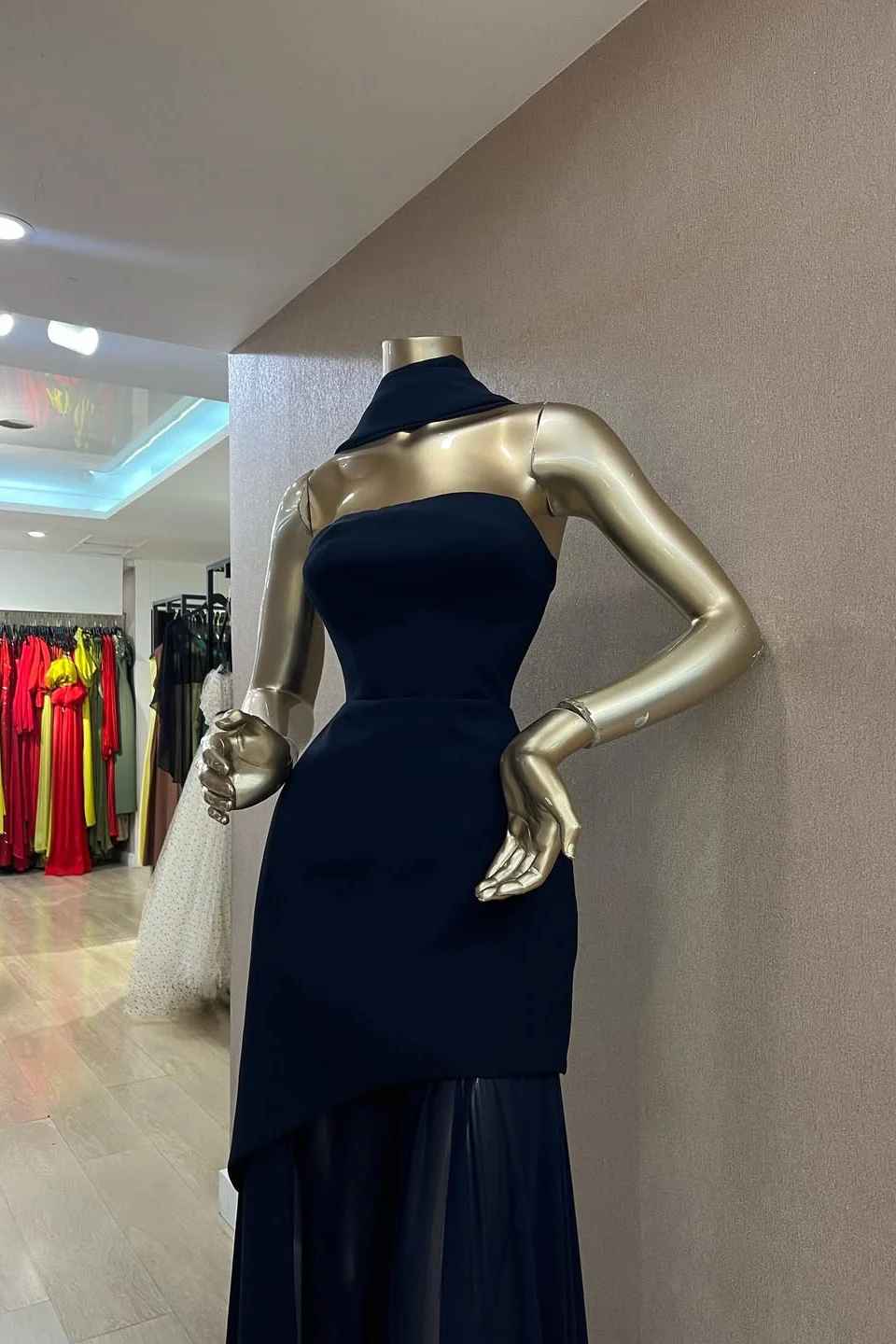 Charming Dark Navy Strapless Sleeveless Stain Prom Dresses Sheath Long On Sale - Image 4