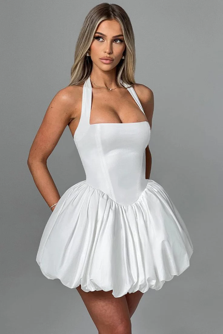 Charming Halter Satin Mini Homecoming Dresses Pleats Prom Dress Sleeveless On Sale - Image 2