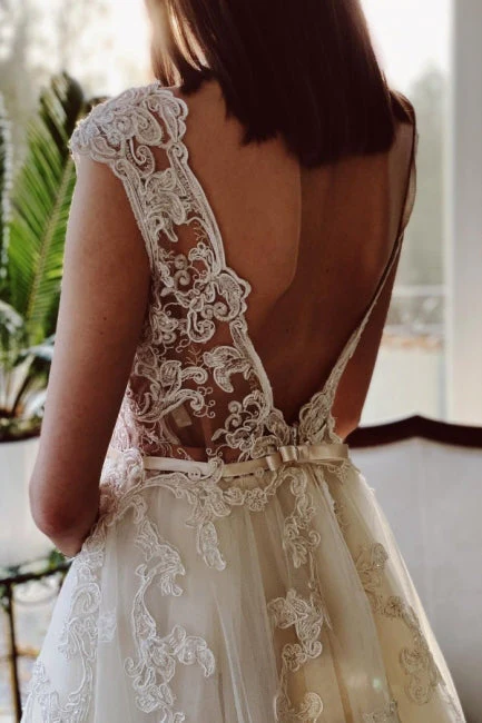Classy Ivory A-Line Floor Length V-Neck Garden Lace Wedding Dresses - Image 2