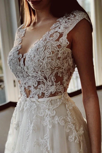 Classy Ivory A-Line Floor Length V-Neck Garden Lace Wedding Dresses - Image 3