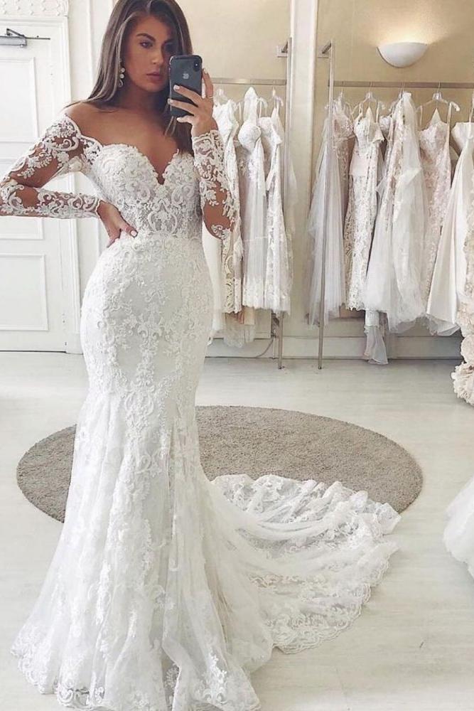 Charming Lace Appliques Mermaid Wedding Gown Long Sleeves Sweetheart Bridal Dress - Image 2