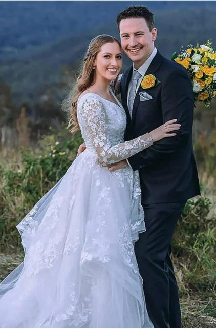 Classy Long Sleeves V-Neck Garden Lace A-Line Wedding Dresses - Image 2